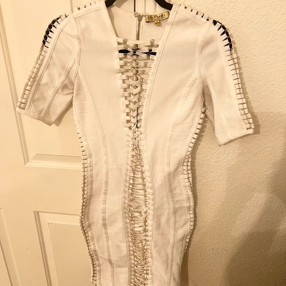 White Spandex Dress with Gold Details - Picture 1 of 3